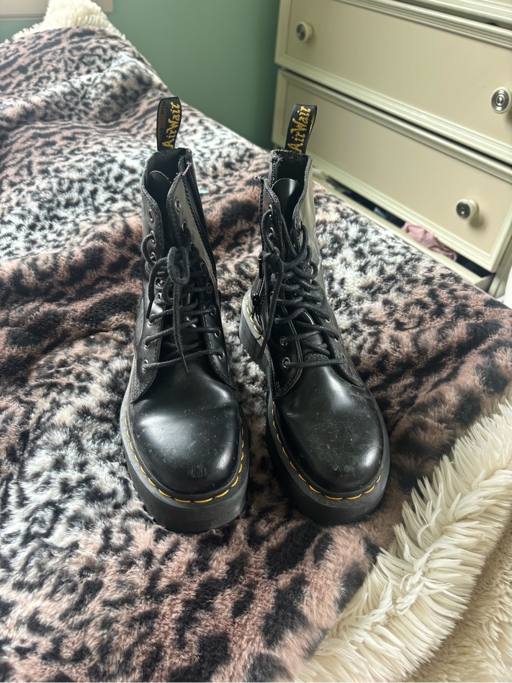 Dr. Martens Black Leather Lace-Up Platform Boots with Yellow Stitching